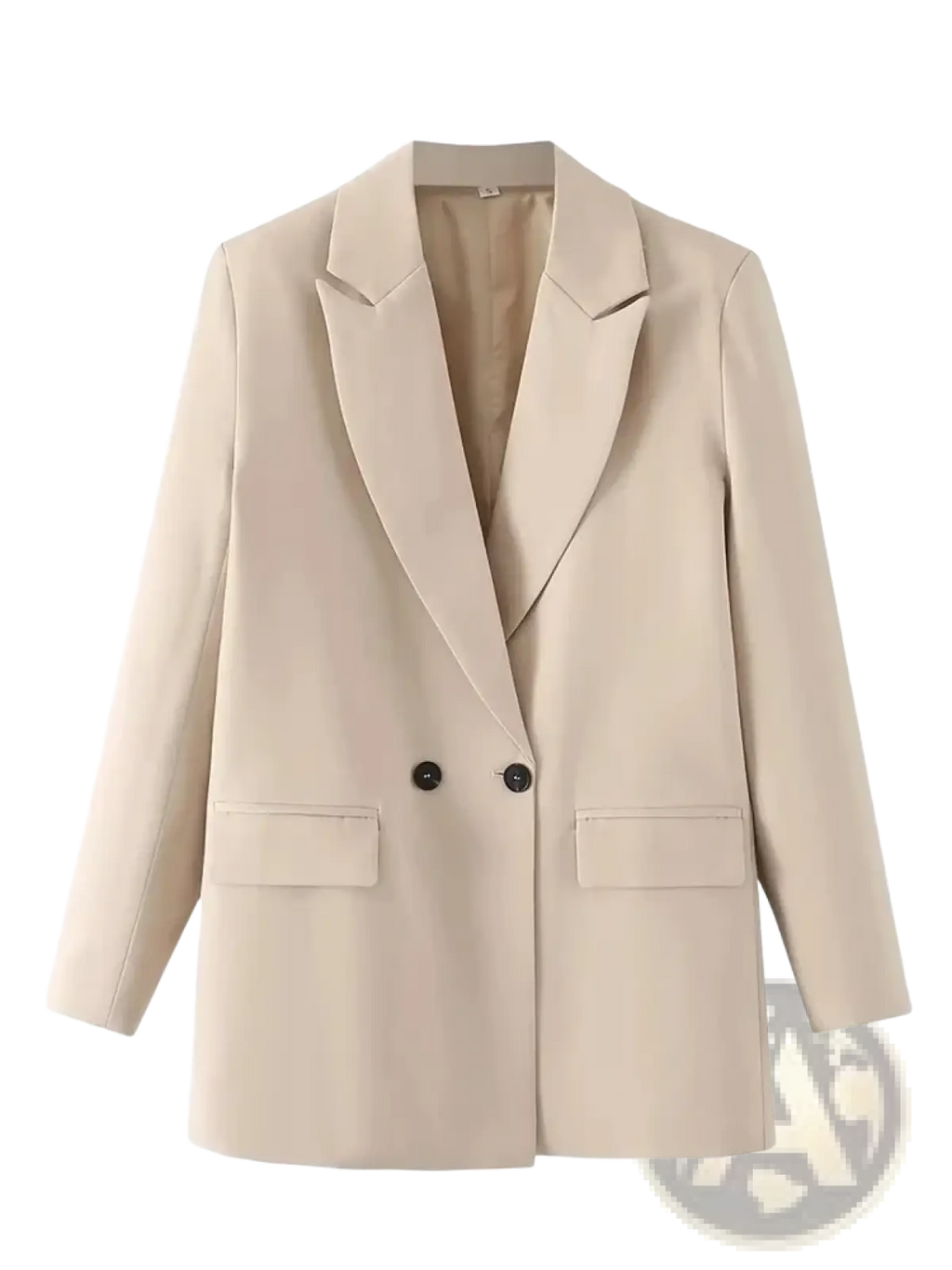 Beige women double breasted office blazer jacket with notched lapels and dark buttons made of premium fabric