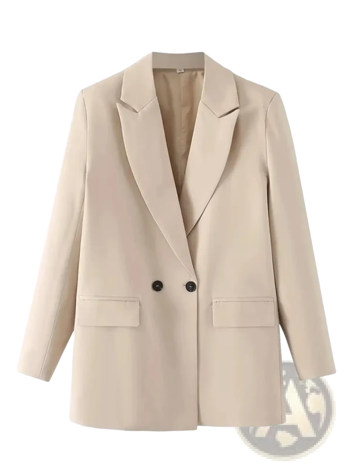 Beige women double breasted office blazer jacket with notched lapels and dark buttons made of premium fabric
