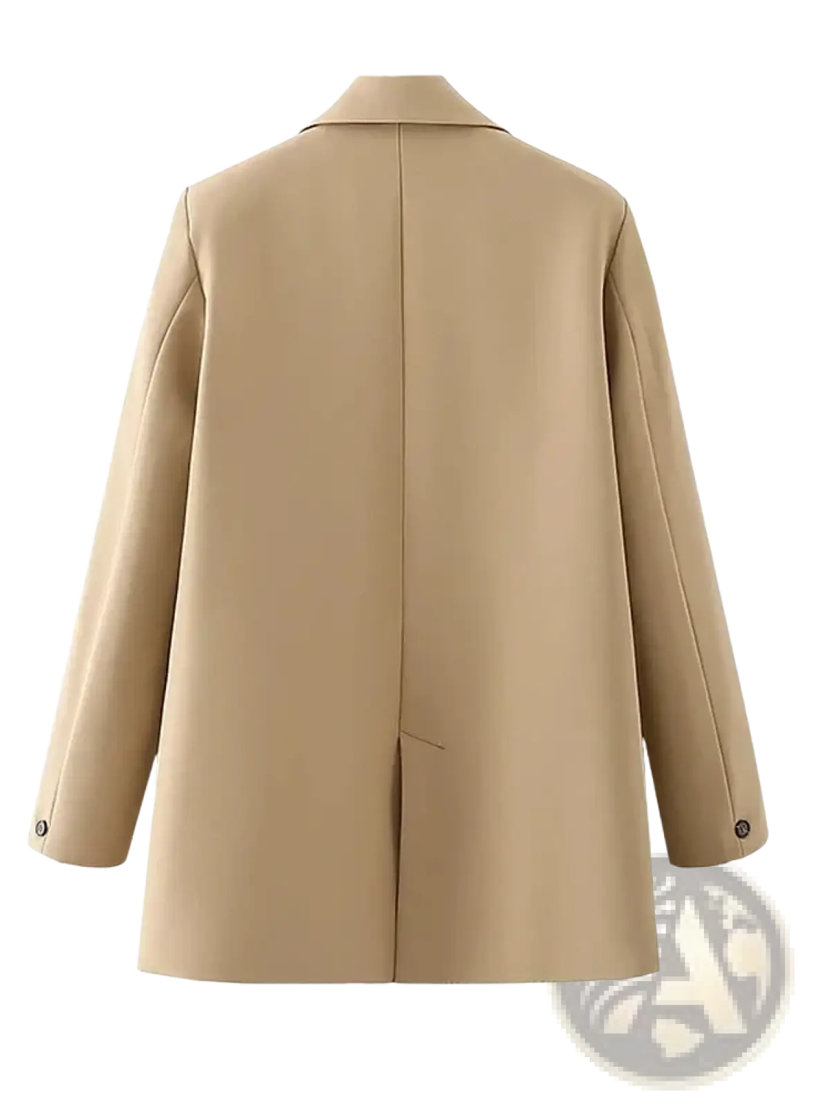 Beige women double breasted blazer office jacket with structured collar long sleeves and subtle button cuff details
