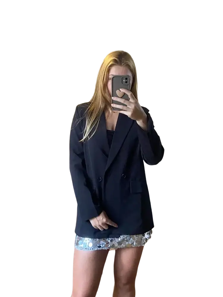 Women double breasted office blazer in black with tailored fit and notched lapels for professional wear