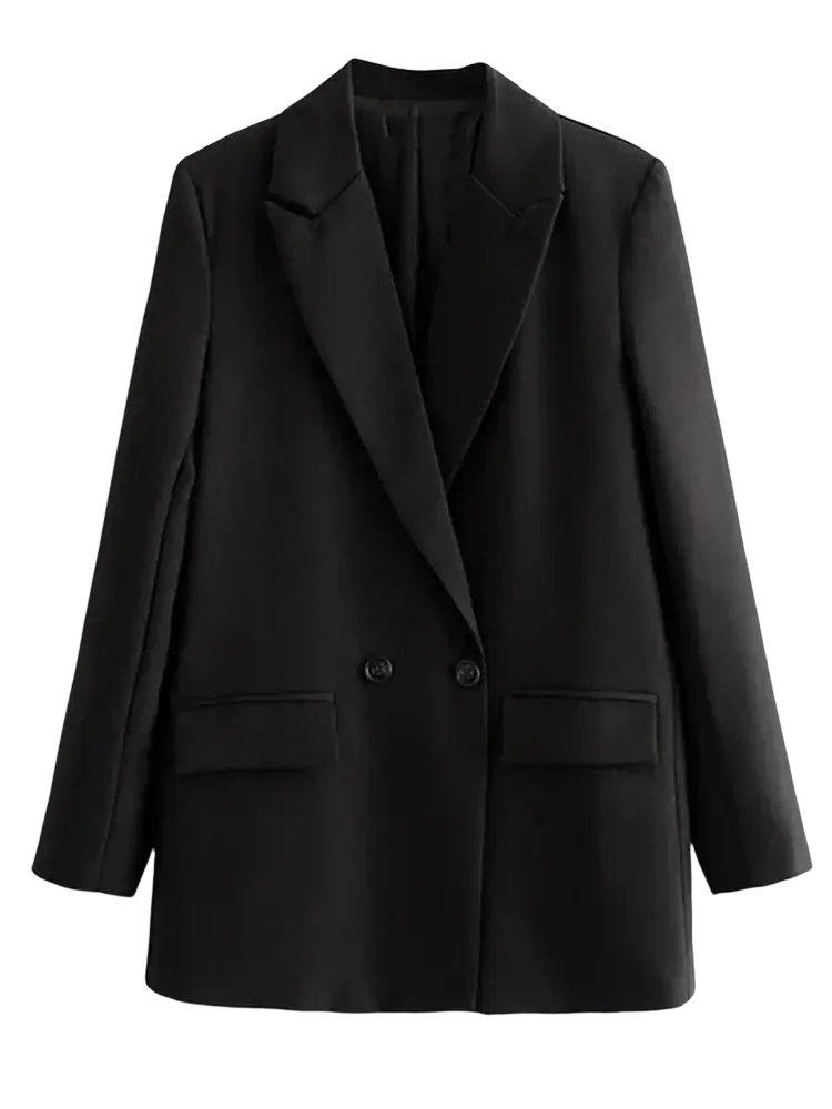 Black women double breasted blazer with notched lapels and two front pockets ideal for office wear