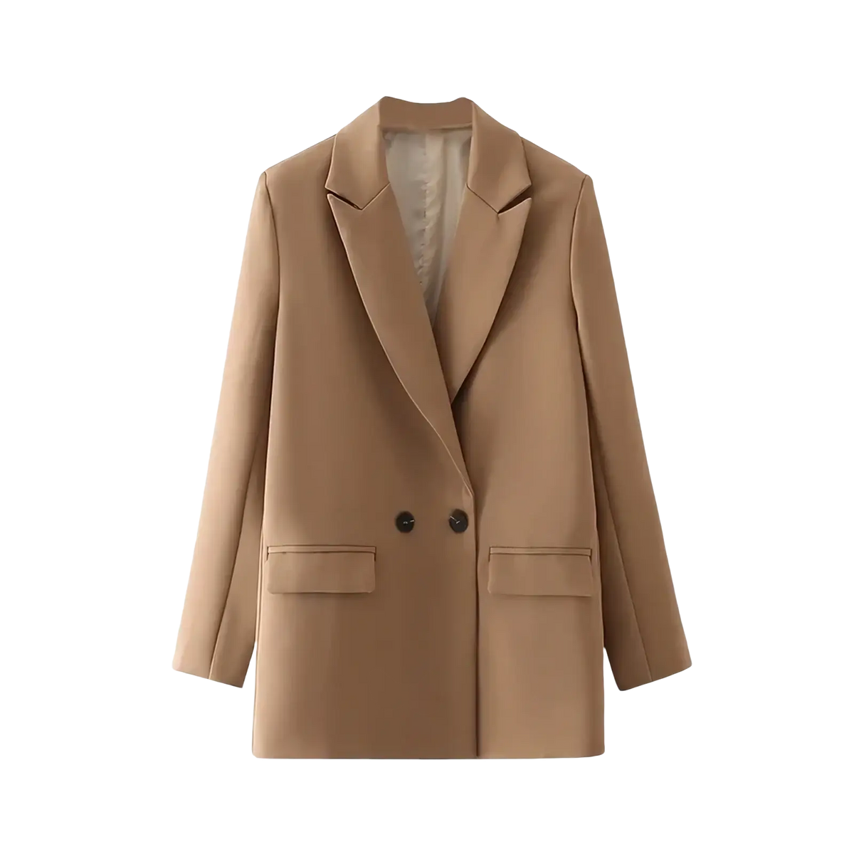 Woman double breasted camel blazer with sleek tailored fit and two front flap pockets for office wear