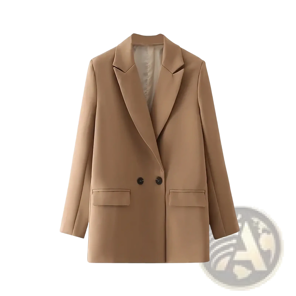 Woman double breasted camel blazer with sleek tailored fit and two front flap pockets for office wear