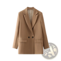 Woman double breasted camel blazer with sleek tailored fit and two front flap pockets for office wear