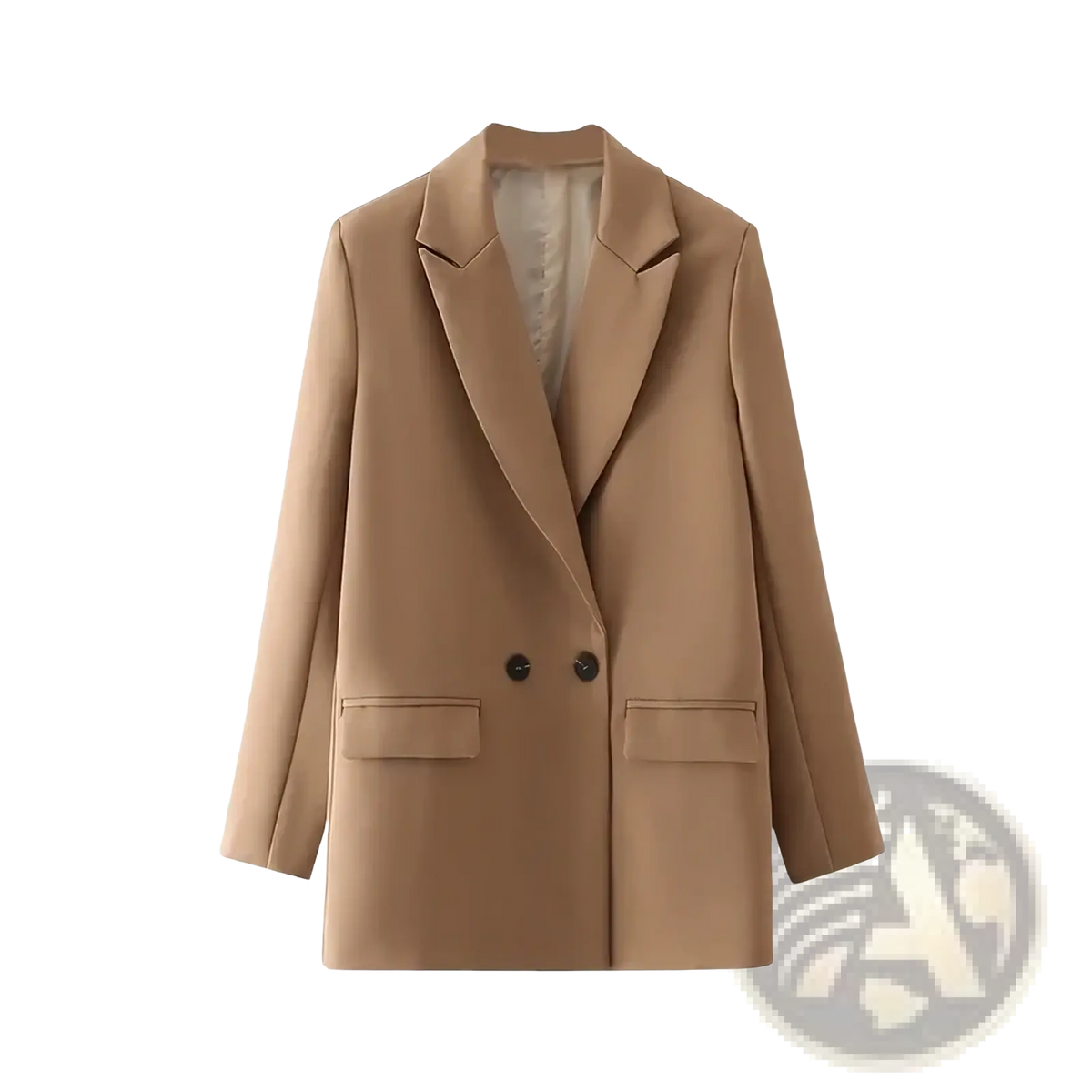 Woman double breasted camel blazer with sleek tailored fit and two front flap pockets for office wear