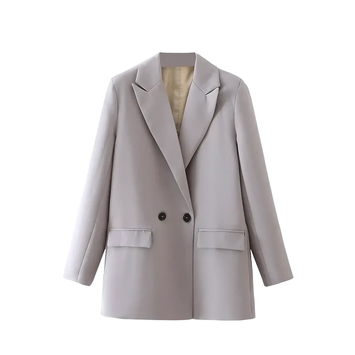 Women double breasted office blazer in light gray with structured silhouette and black buttons