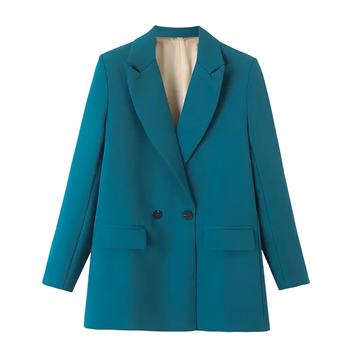 Women double breasted teal blazer with black buttons and beige lining suitable for office wear