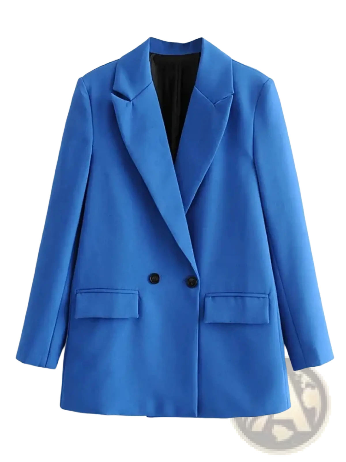 Women double breasted office blazer in vibrant royal blue with black buttons and flap pockets for formal wear
