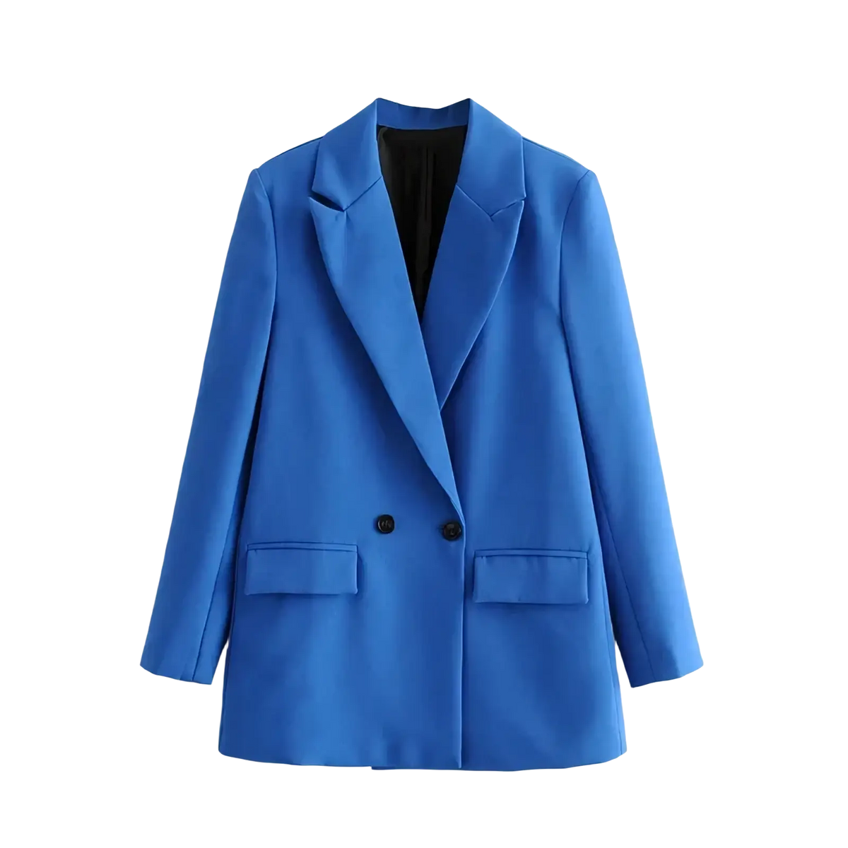 Women double breasted blazer office jacket in vibrant royal blue with black buttons and tailored sleek design