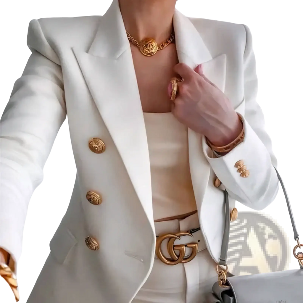 Women double breasted blazer in white with gold-tone medusa head buttons and a structured tailored fit for professional use