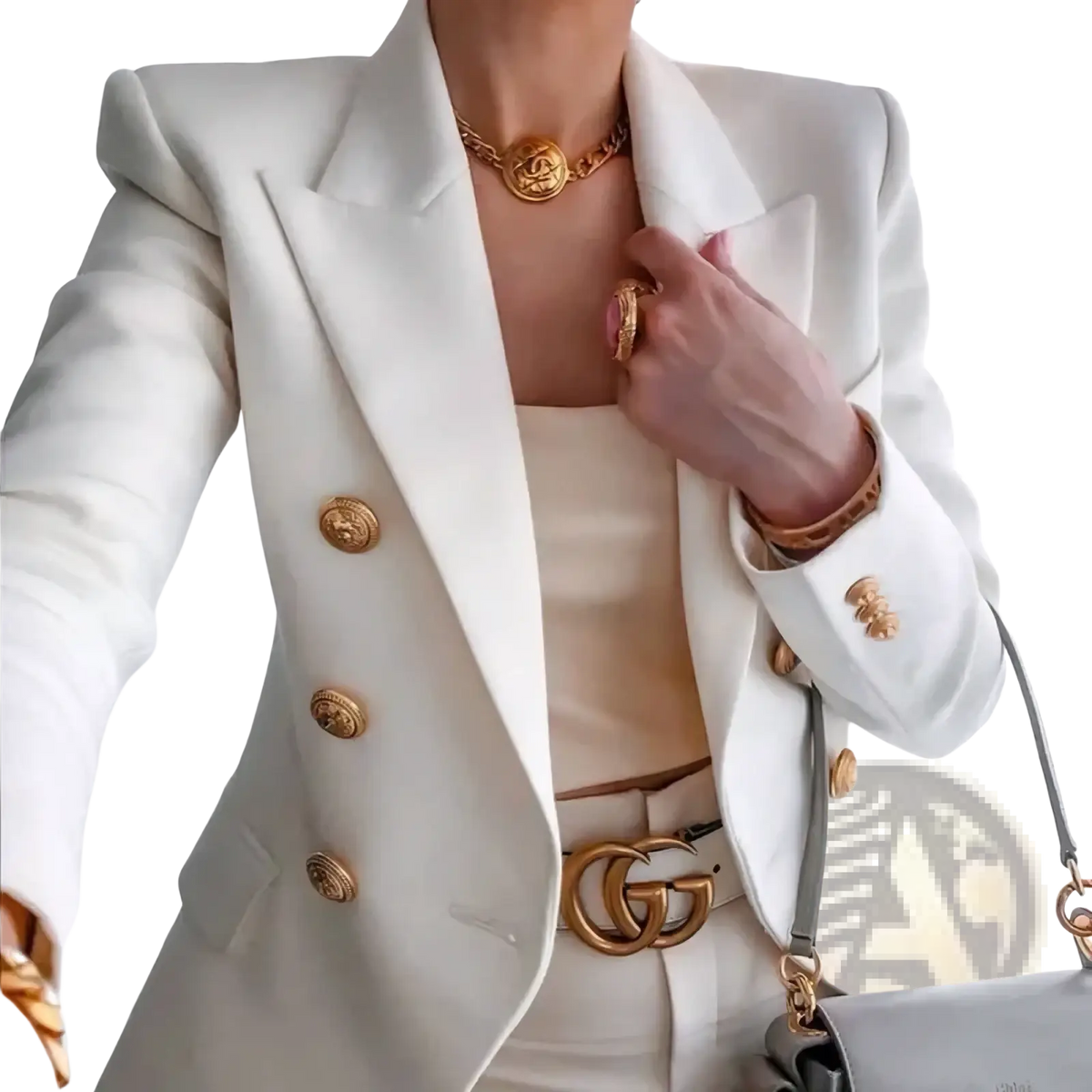 Women double breasted blazer in white with gold-tone medusa head buttons and a structured tailored fit for professional use