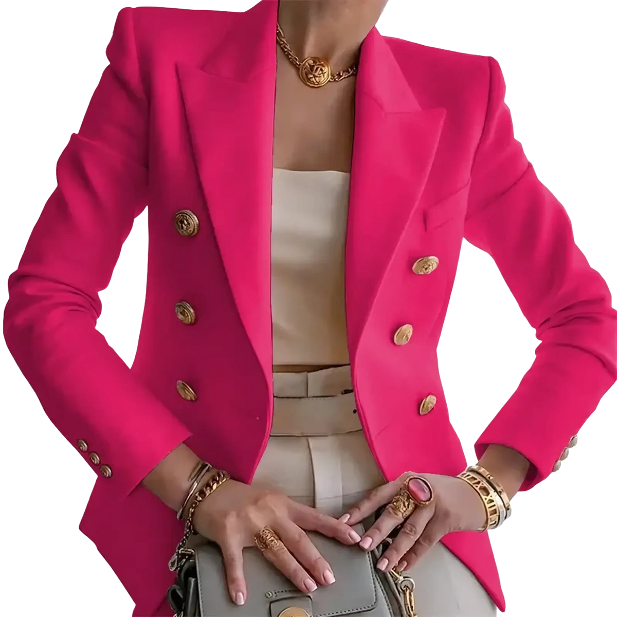 Women double breasted professional suit coat in vibrant fuchsia with gold toned buttons and structured shoulders