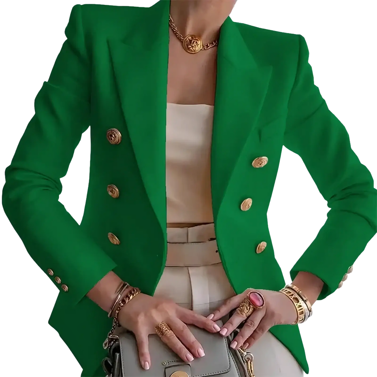 Vibrant green women double breasted blazer with gold toned buttons and structured shoulders for professional use