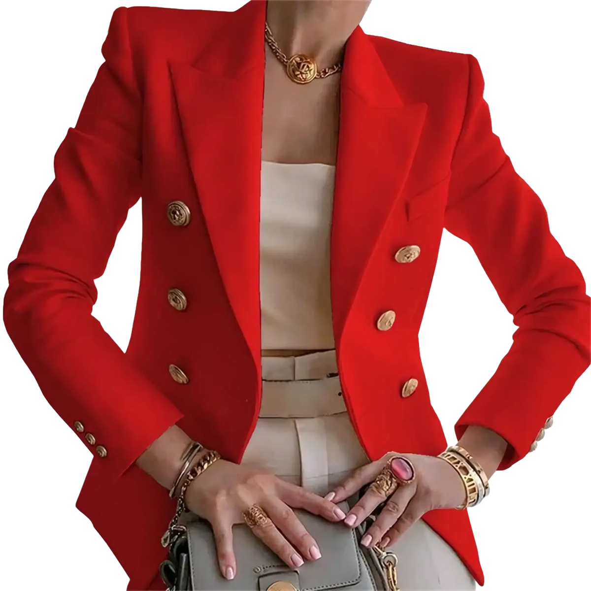 Women double breasted blazer in vibrant red with gold toned buttons and structured shoulders for professional wear