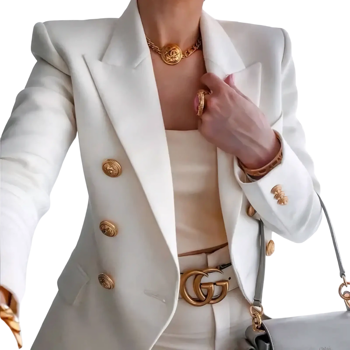 Women double breasted blazer in white with gold-tone medusa head buttons and a structured tailored fit for professional use