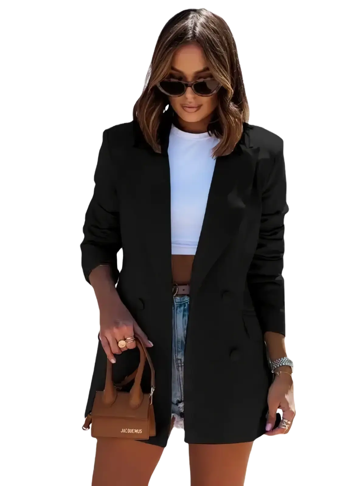 Black double breasted women casual blazer with sleek tailored fit and subtle ruching on the sleeves