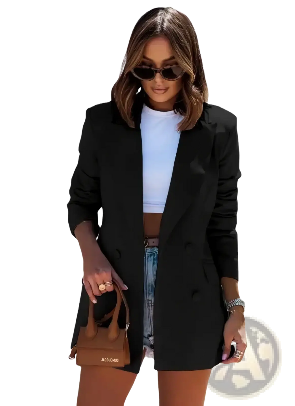 Black double breasted women casual blazer with sleek tailored fit and subtle ruching on the sleeves