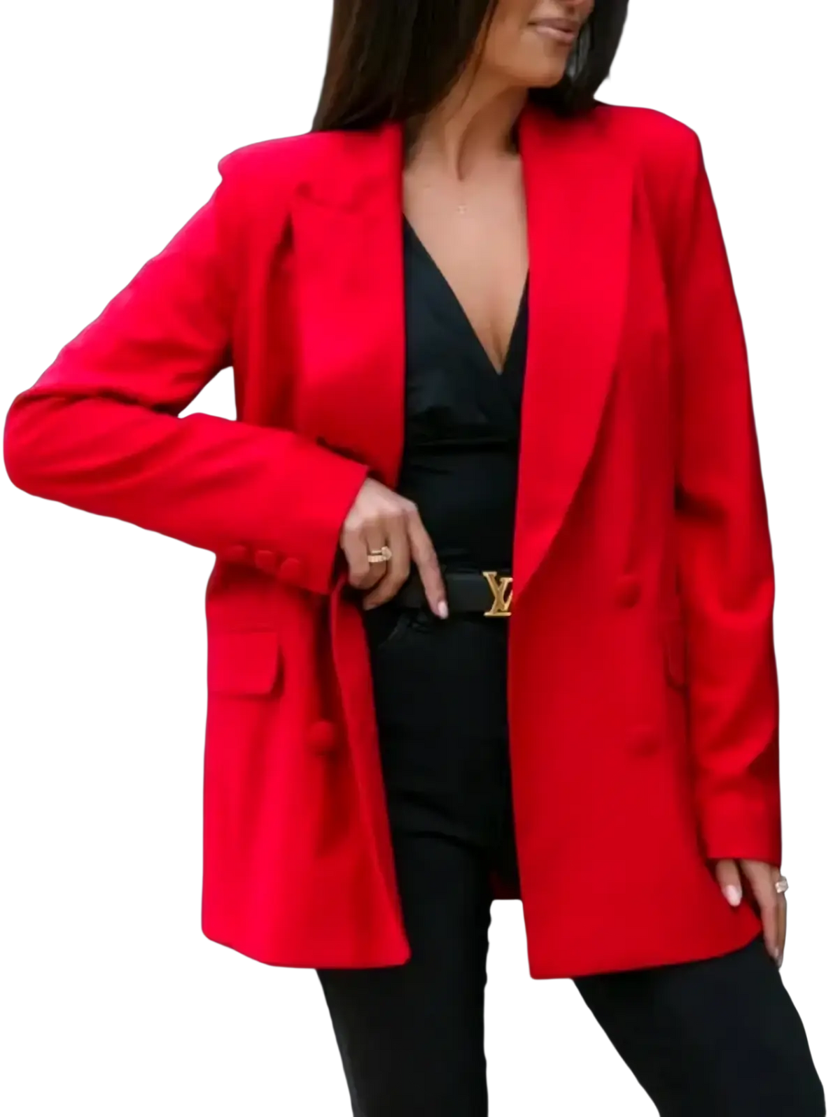 Women double breasted casual blazer in vibrant red with structured shoulders and sleek tailored fit