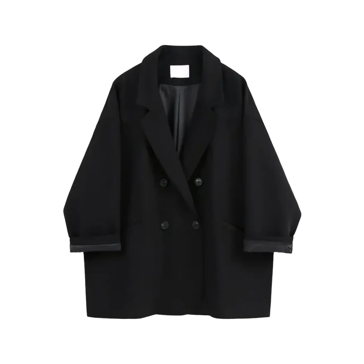 Women double breasted long blazer coat in black with a sleek minimalist design and subtle contrast stitching