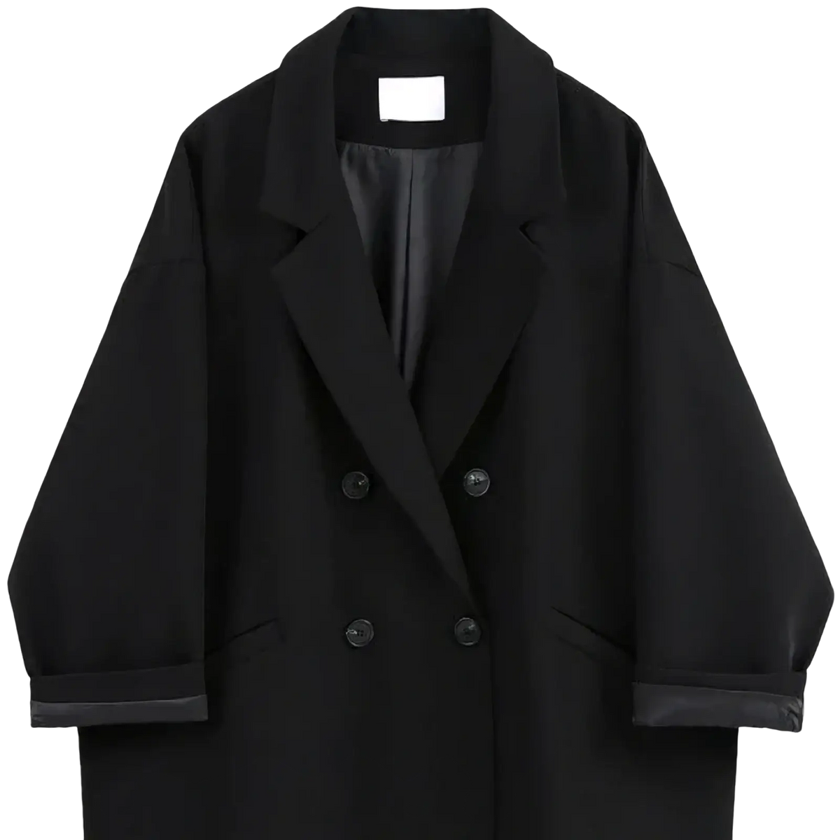 Women double breasted long blazer coat in black featuring a structured collar and matching buttons