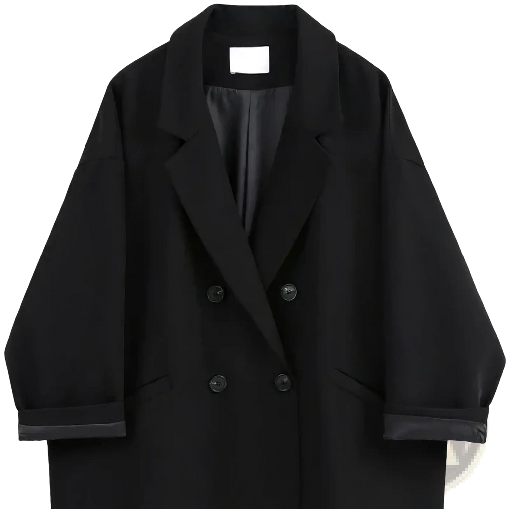Women double breasted long blazer coat in black featuring a structured collar and matching buttons