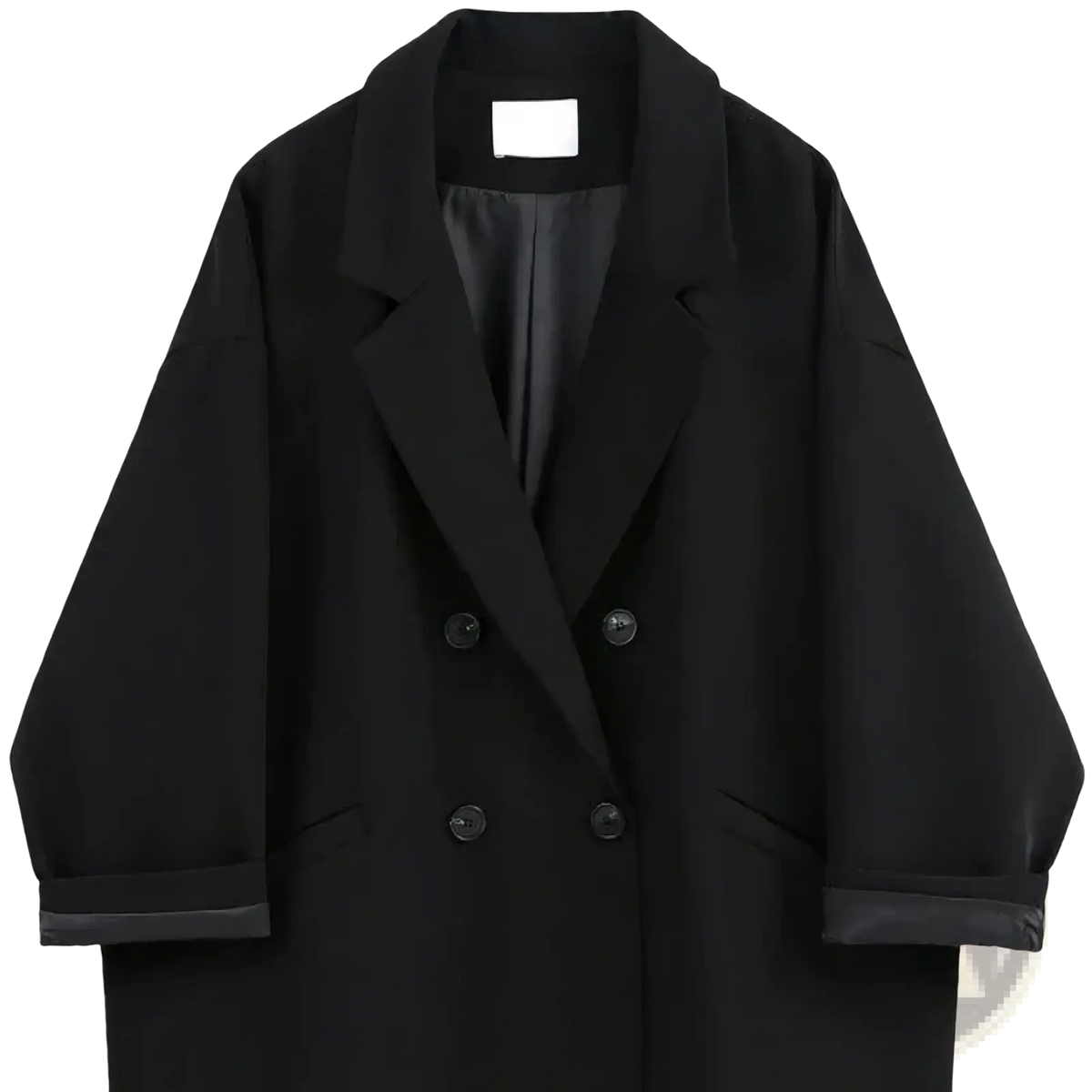 Women double breasted long blazer coat in black featuring a structured collar and matching buttons