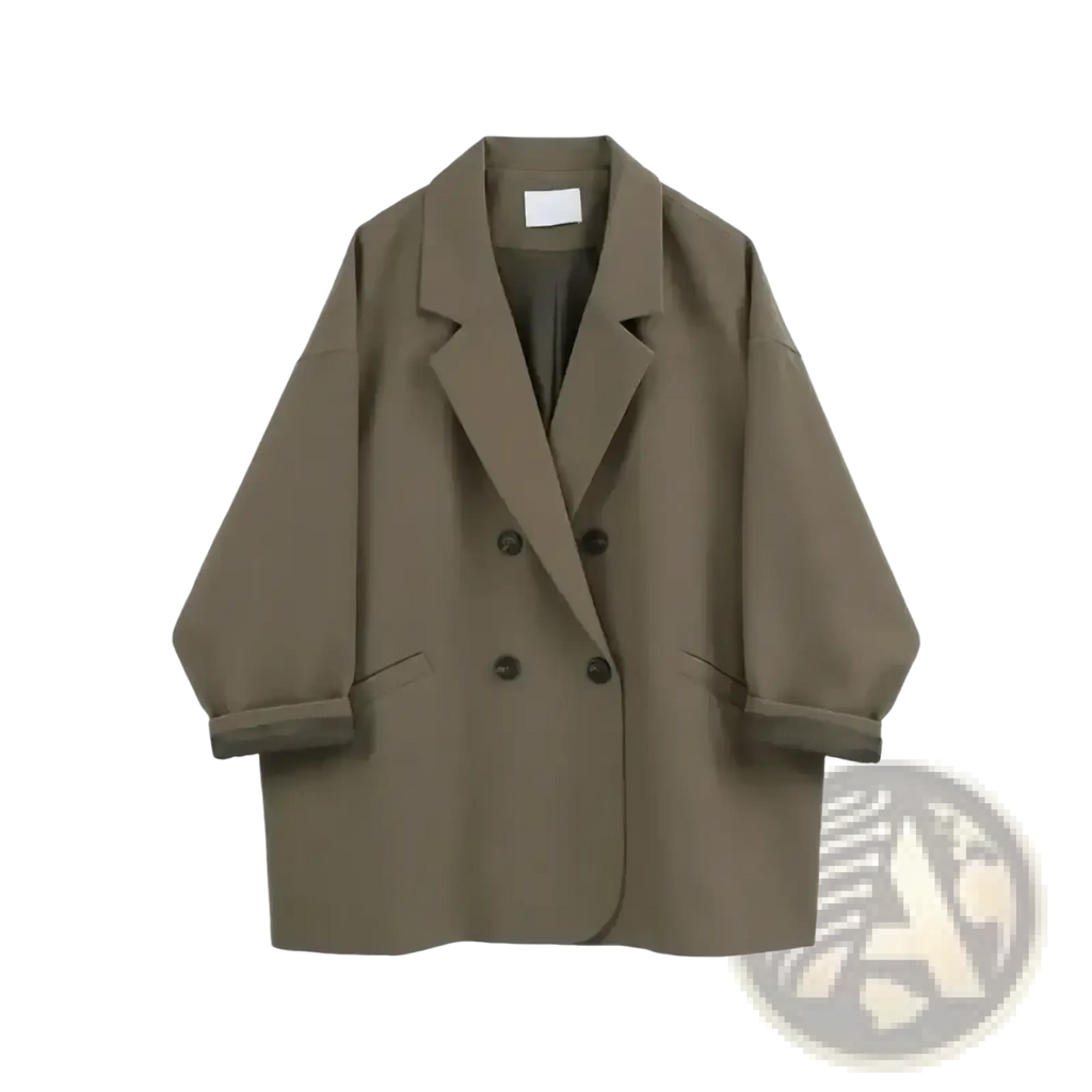 Women double breasted long blazer coat in olive green with black buttons and rolled up sleeves for formal wear