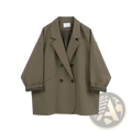 Women double breasted long blazer coat in olive green with black buttons and rolled up sleeves for formal wear
