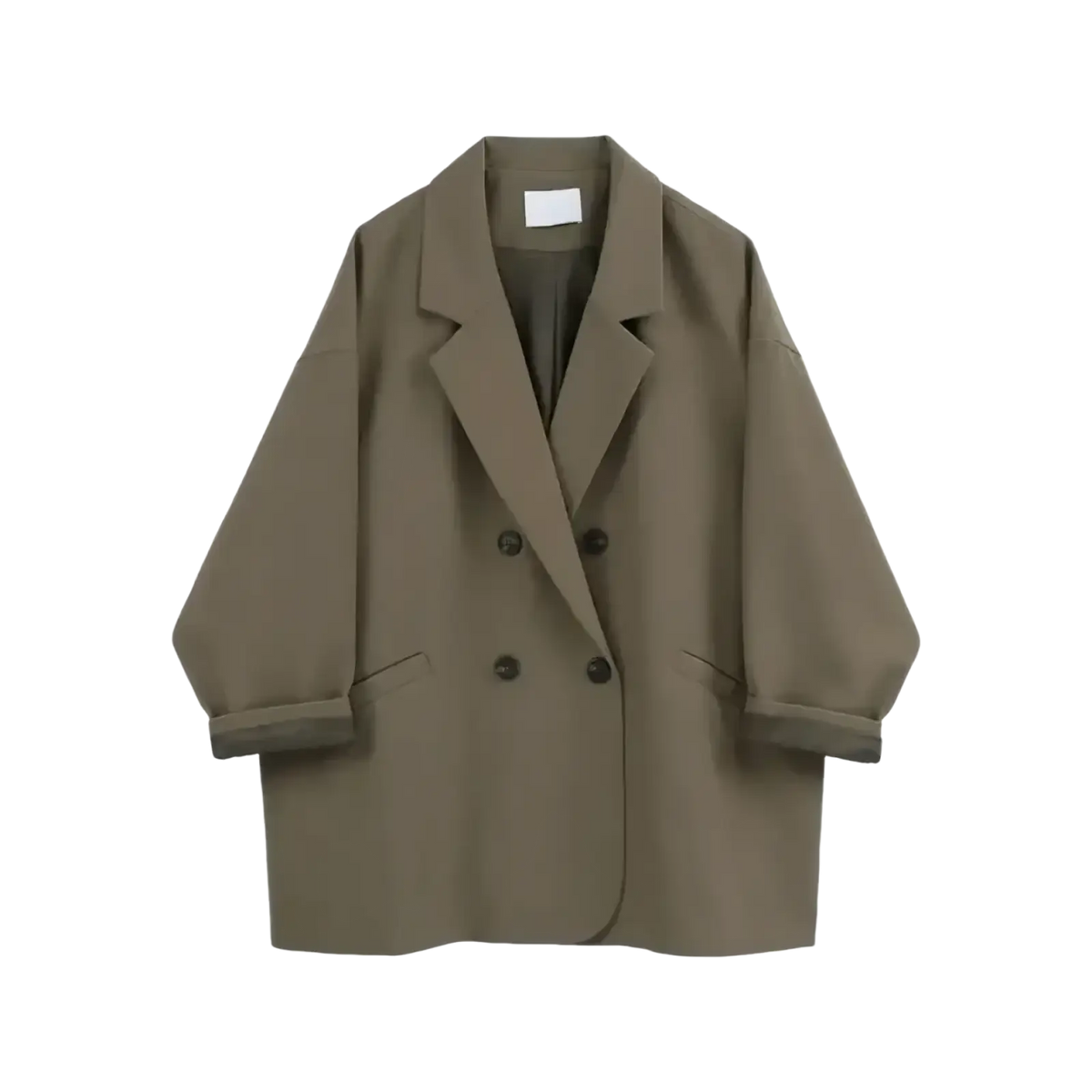 Women double breasted long olive green blazer coat with black buttons and rolled cuffs in premium fabric