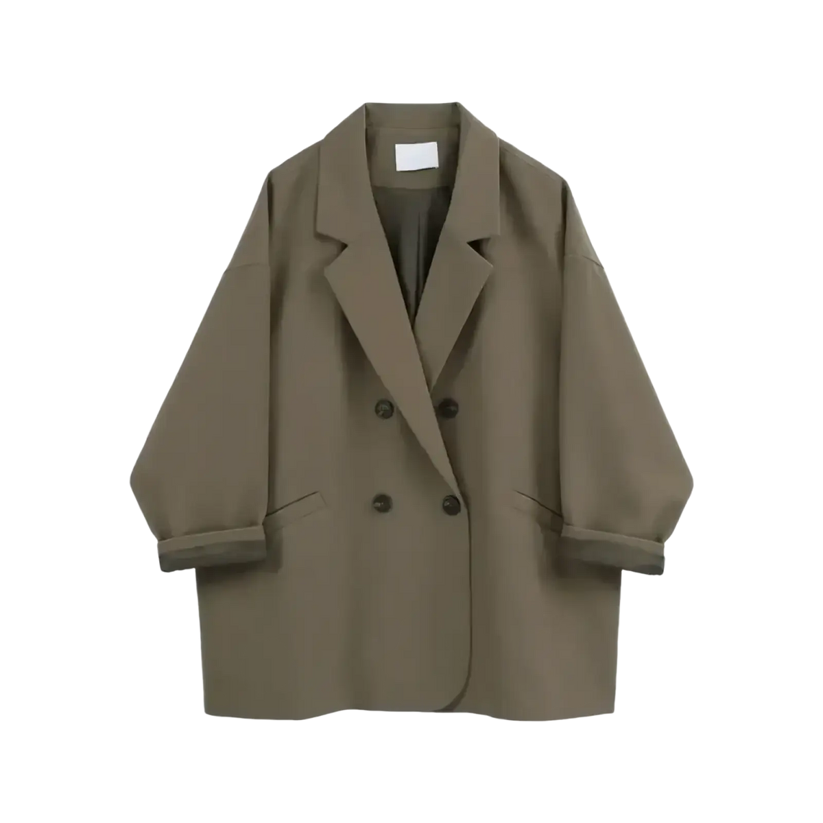 Women double breasted long blazer coat in olive green with black buttons and rolled up sleeves for formal wear