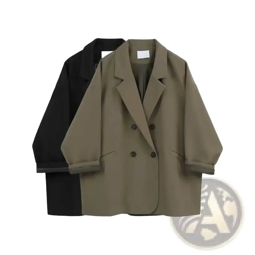 Women double breasted long blazer coat in olive green with black buttons and rolled up sleeves