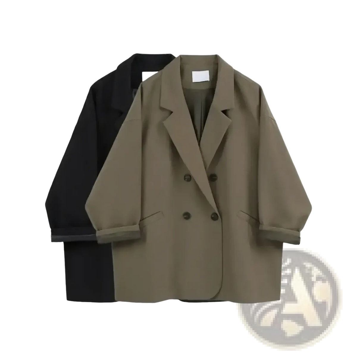 Women double breasted long blazer coat in olive green with black buttons and rolled up sleeves