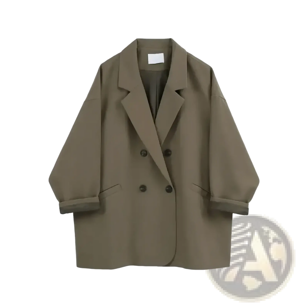 Women double breasted long olive green blazer coat with black buttons and rolled cuffs in premium fabric