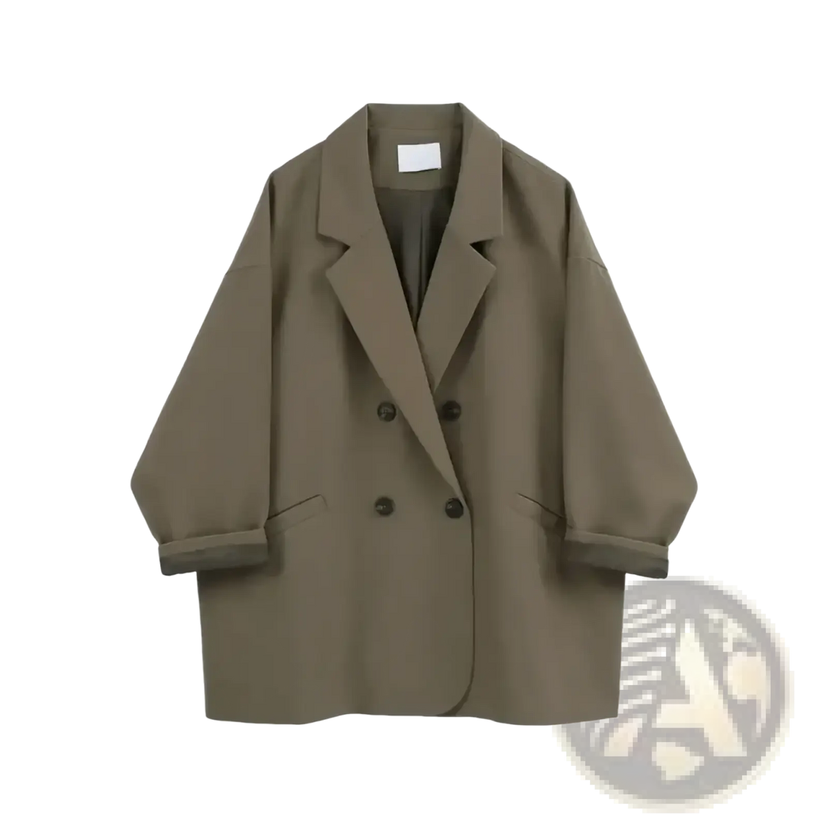 Women double breasted long olive green blazer coat with black buttons and rolled cuffs in premium fabric