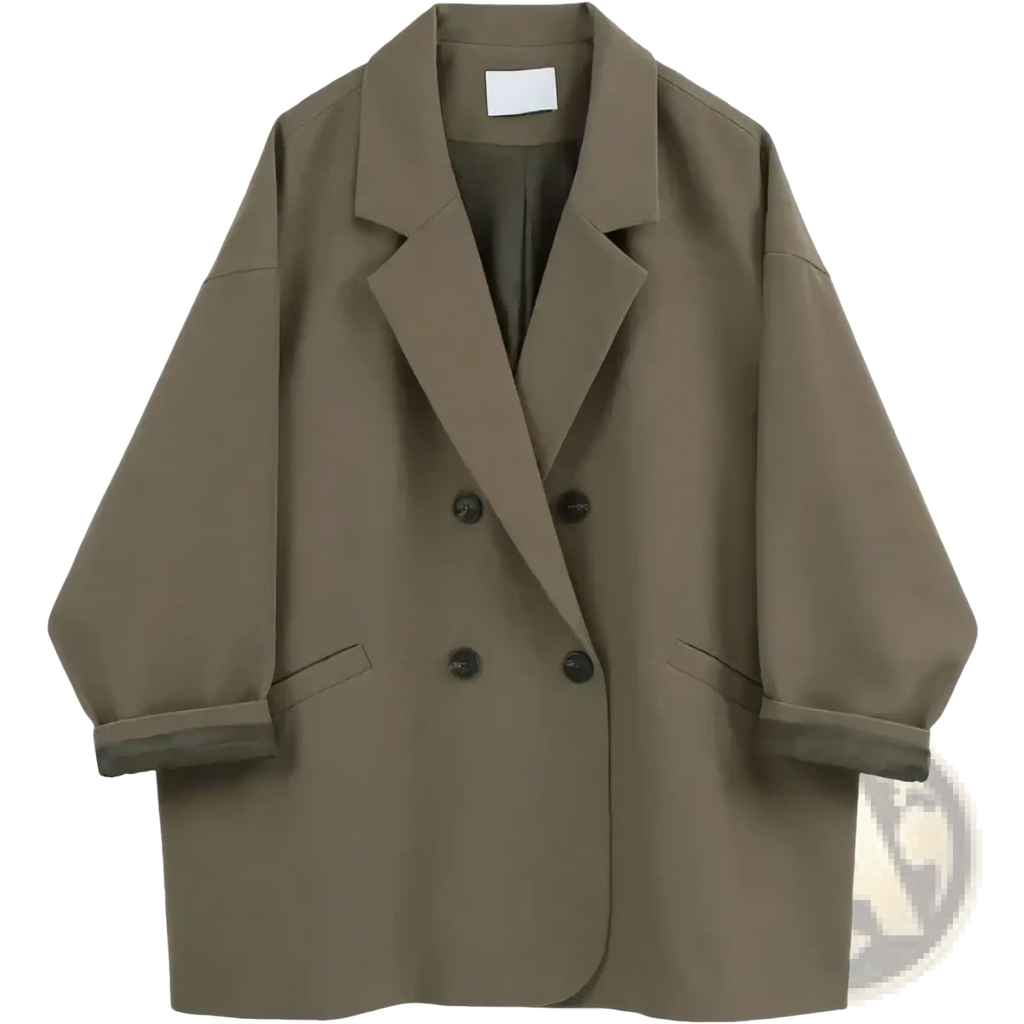 Women double breasted long blazer coat in relaxed fit olive green with black buttons and rolled up sleeves