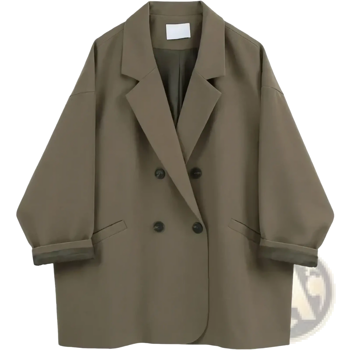 Women double breasted long blazer coat in relaxed fit olive green with black buttons and rolled up sleeves