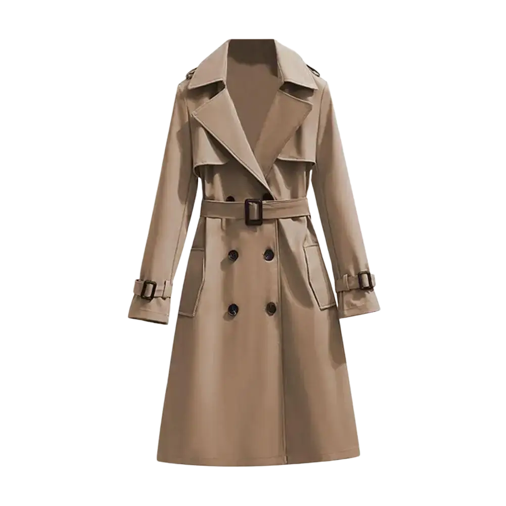 Women double breasted long trench coat in beige with black buttons and belt for stylish outerwear