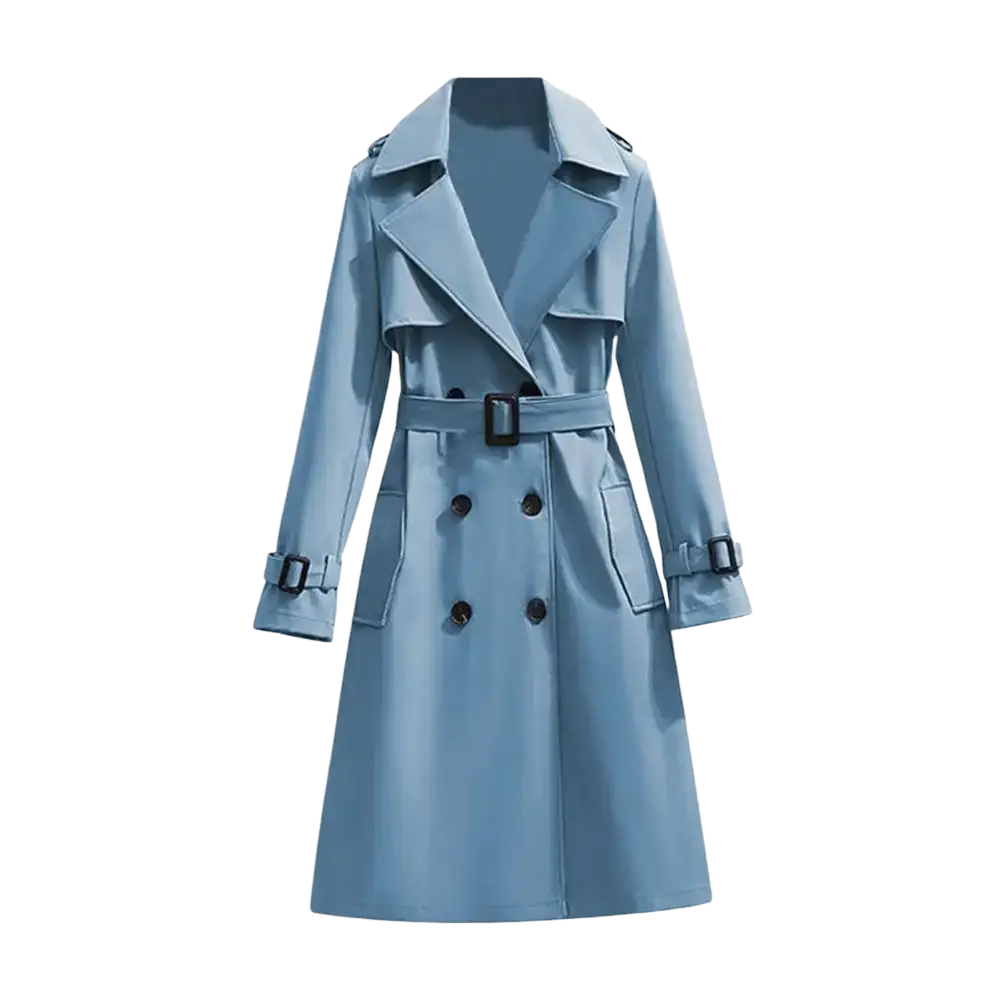 Women double breasted long trench coat in light blue with belted waist black buttons and buckle details