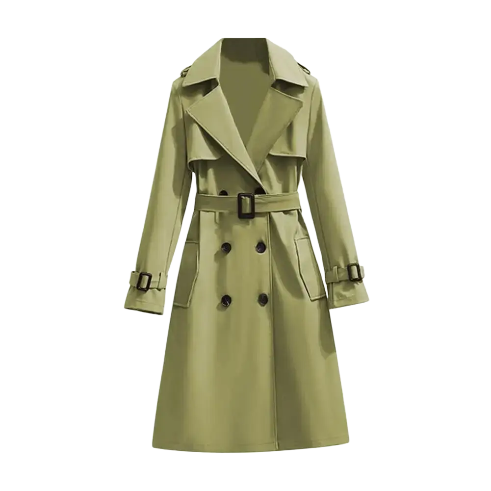 Women double breasted long trench coat in olive green with black buttons and belt buckle for stylish outerwear