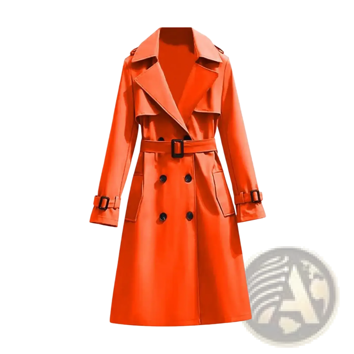Women double breasted long trench coat in vibrant orange with black buttons and belt buckle for stylish outerwear