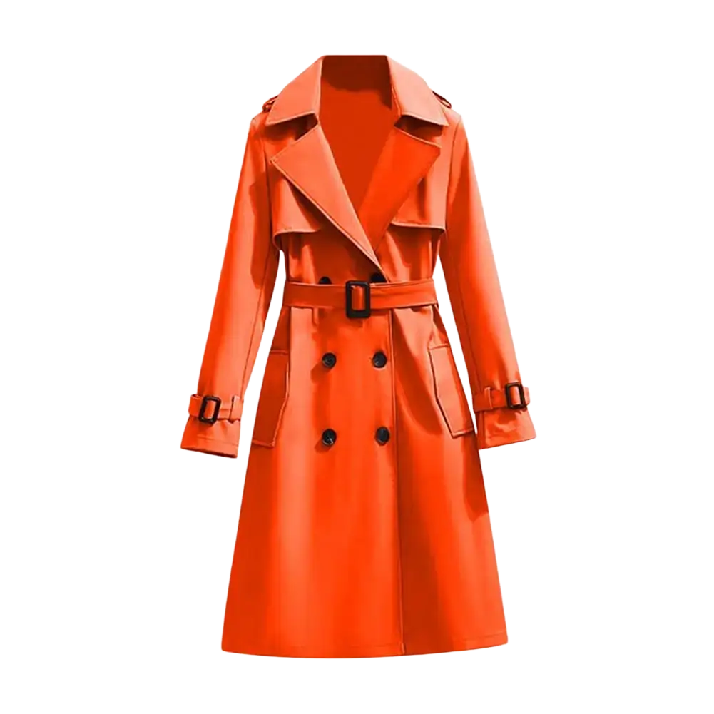 Women double breasted long trench coat in vibrant orange with black buttons and belt buckle for stylish outerwear
