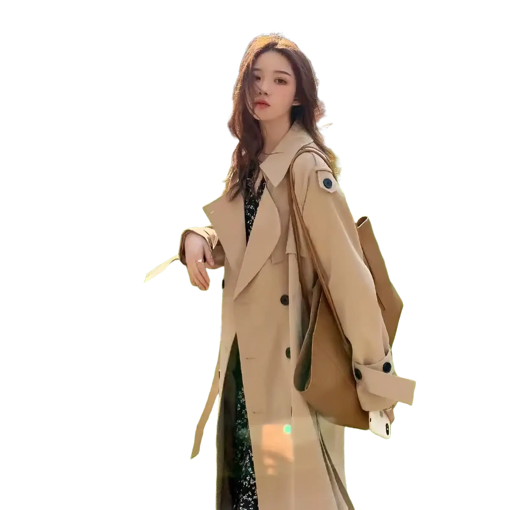 Women double breasted trench coat in beige with black buttons and a matching shoulder bag