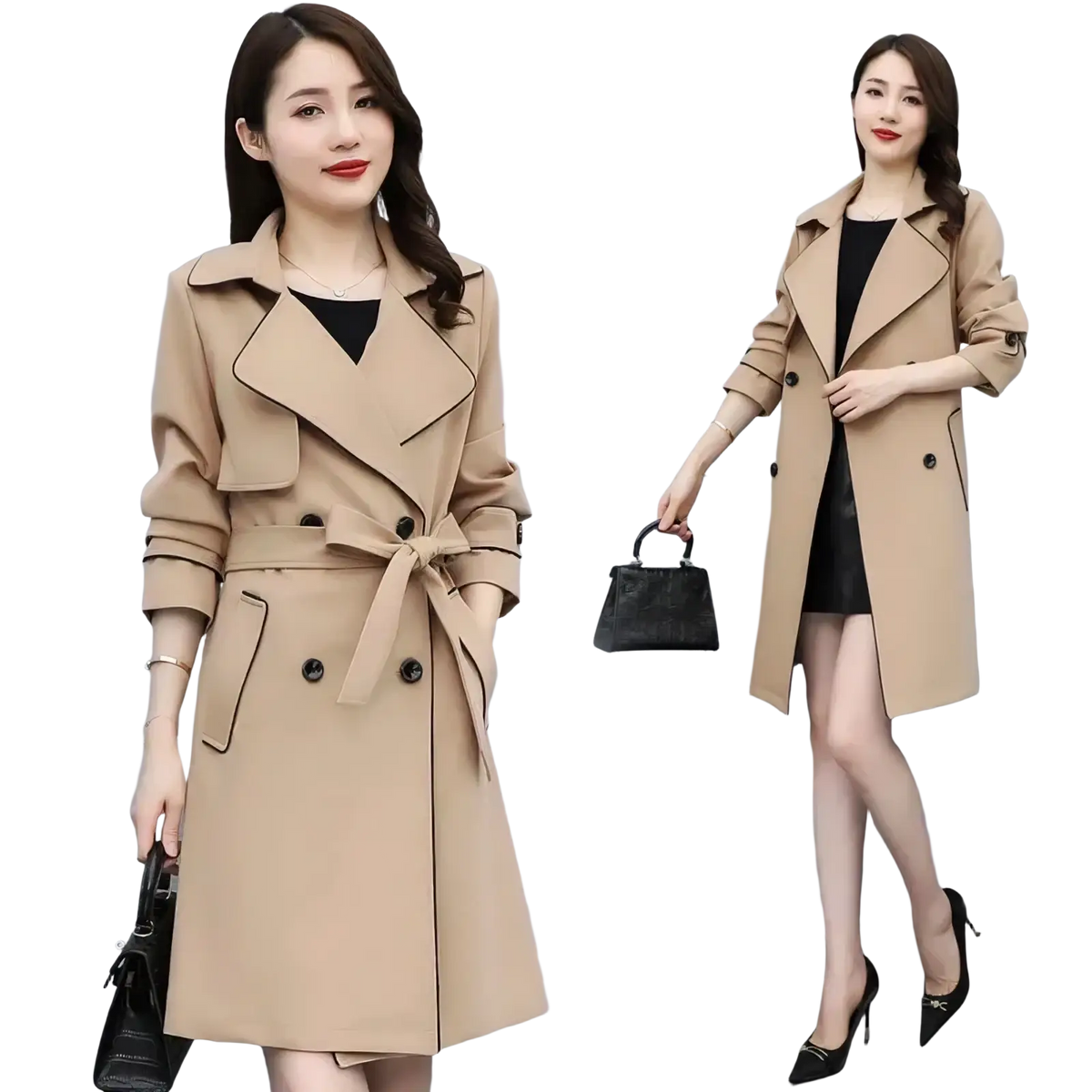 Beige women double breasted trench coat with black trim and matching belt in a classic tailored design