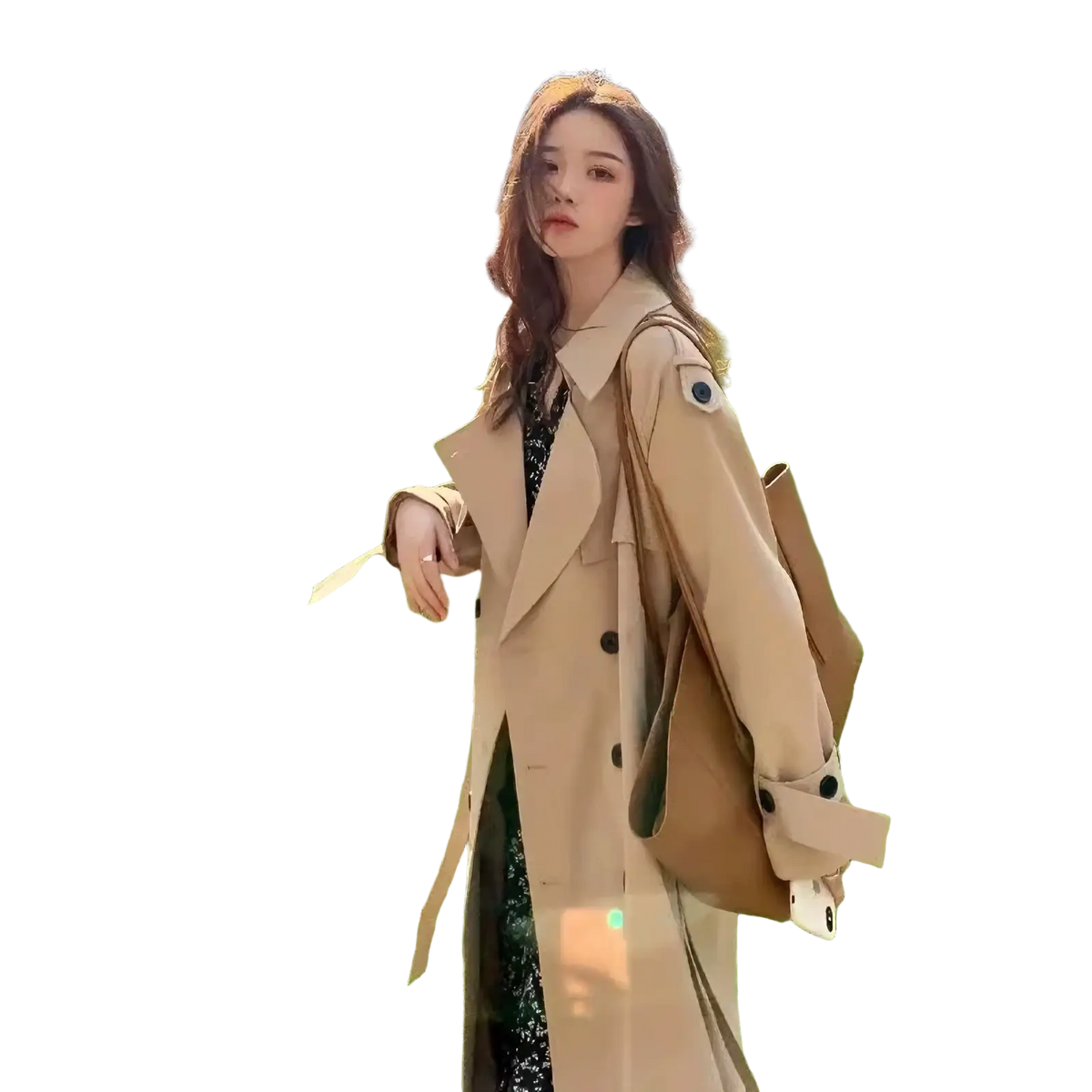 Women double breasted trench coat in beige with black buttons and a matching shoulder bag for stylish outerwear