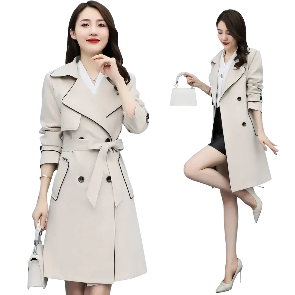 Beige women double breasted trench coat with black trim and matching belt in stylish tailored design