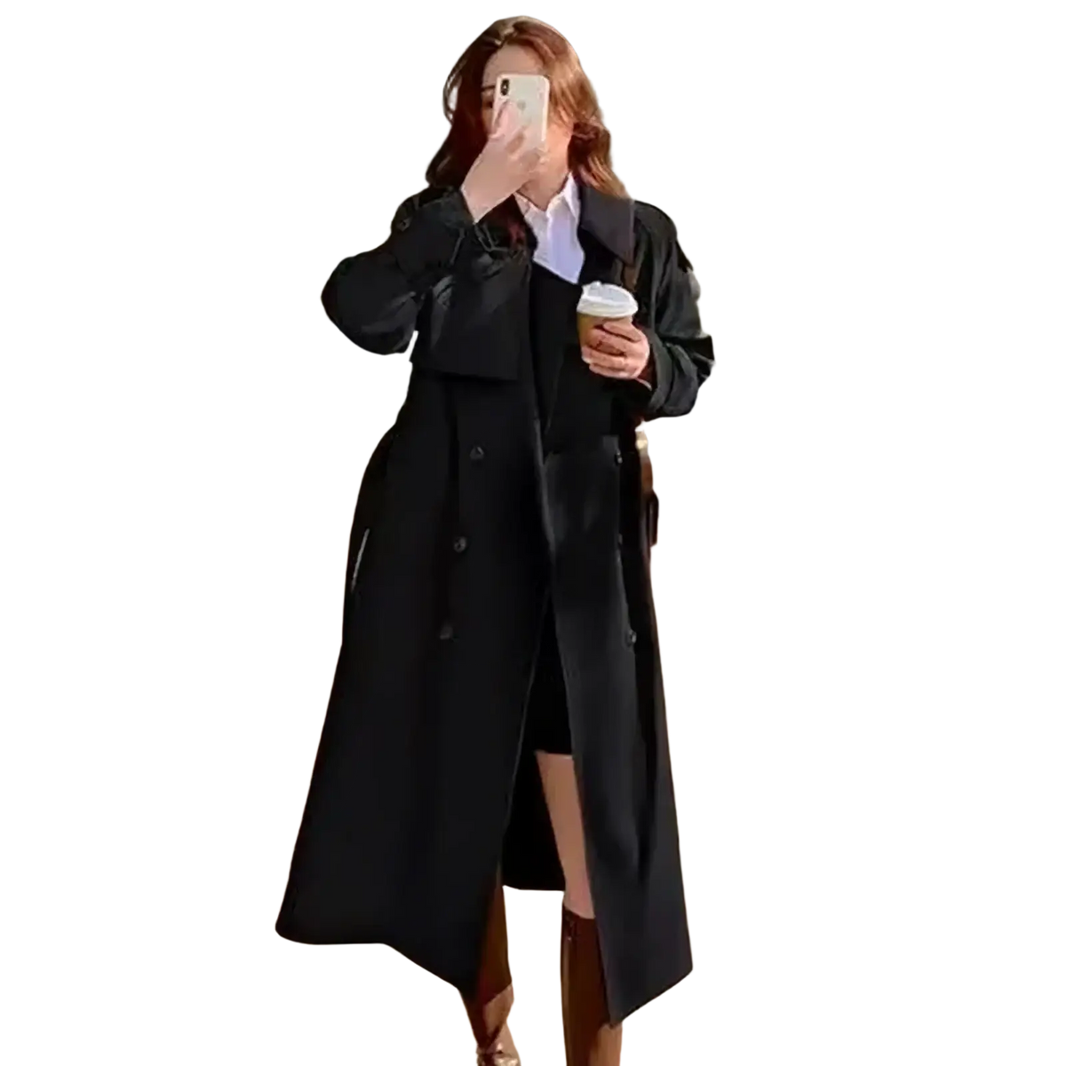 Black women double breasted trench coat with classic design and subtle shoulder pads for stylish outerwear