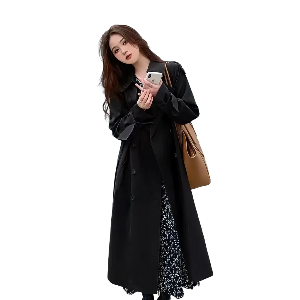 Women double breasted black trench coat featuring a classic double-breasted design with button closures