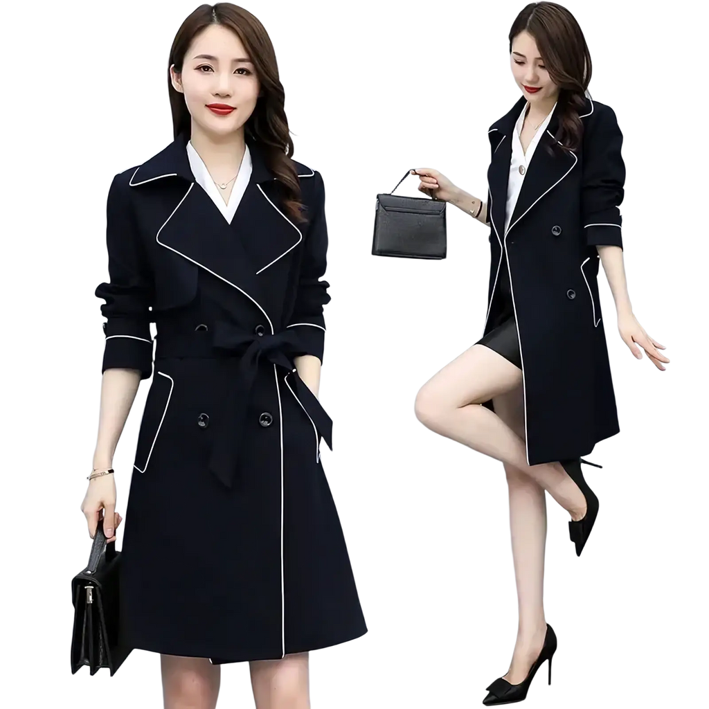 Women double breasted trench coat in black with white contrast stitching and a belted waist for stylish outerwear