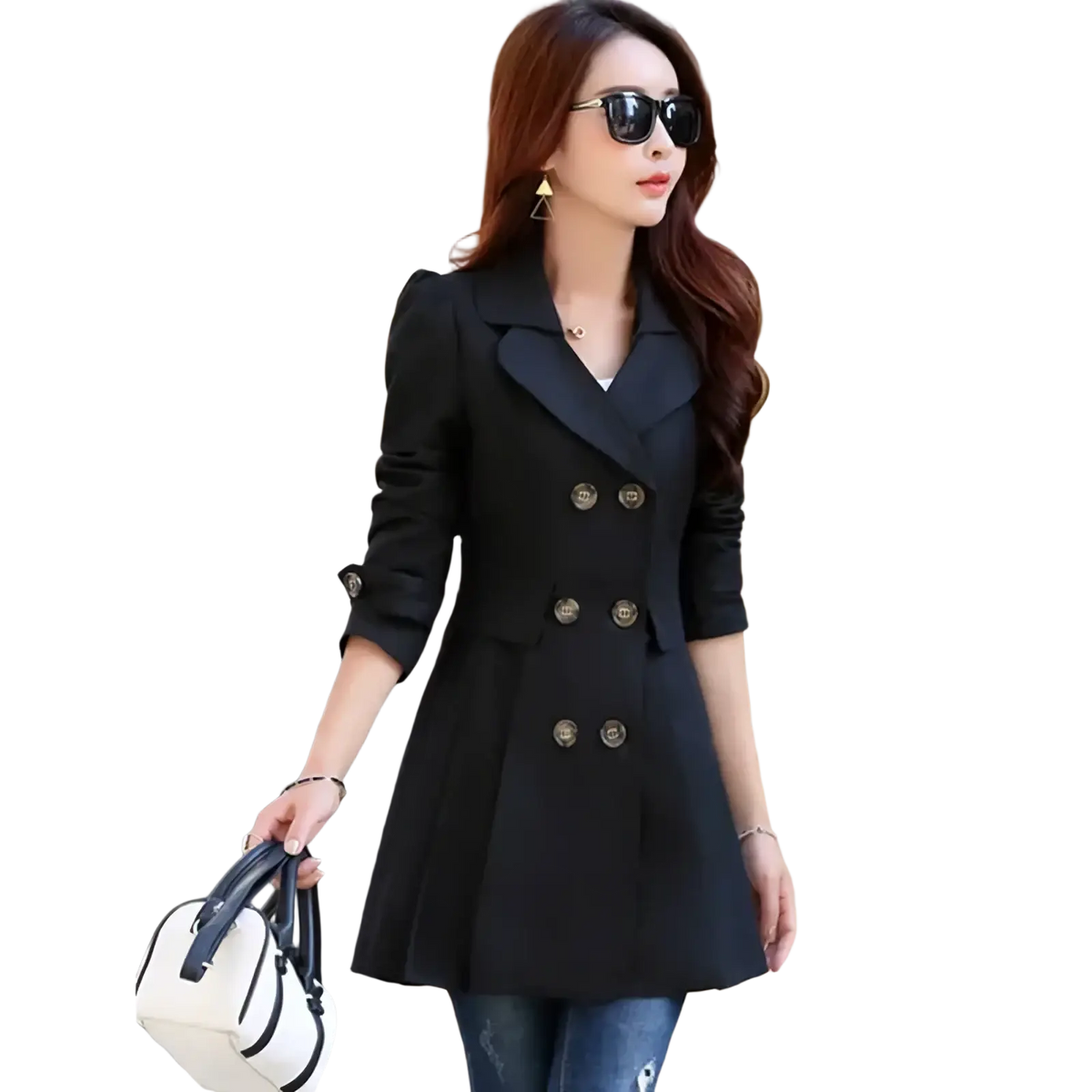 Women double breasted trench coat in black wool with gold toned buttons and three quarter length sleeves