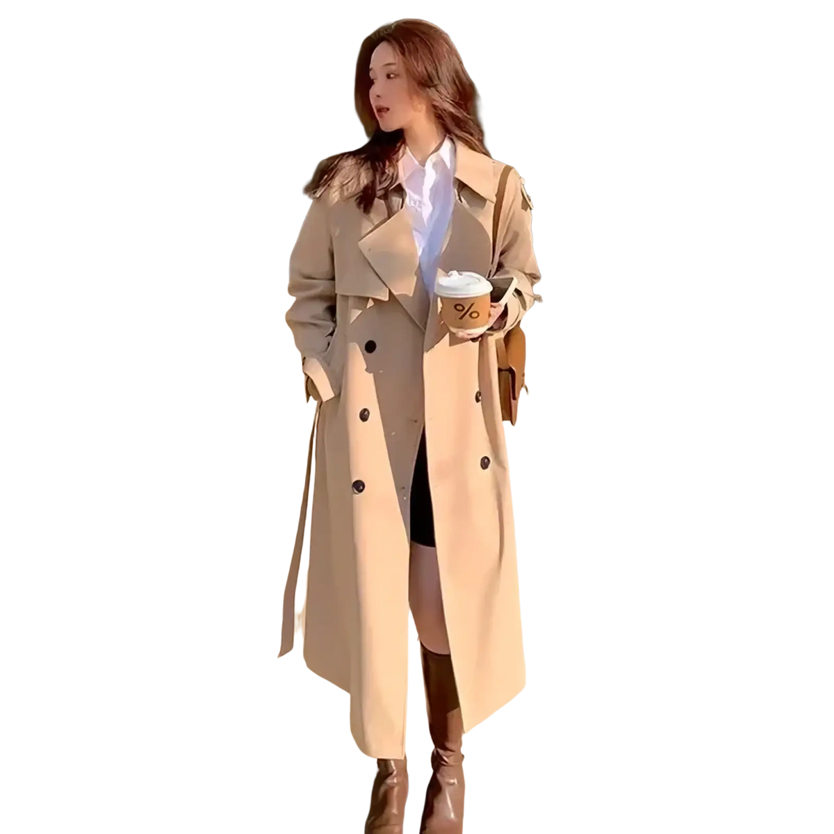 Beige women double-breasted trench coat with black buttons casual windbreaker for lightweight protection